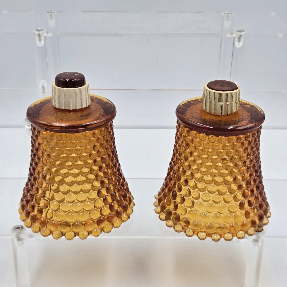 Vtg Set of 2 Amber Hobnail Glass Peg Votive Candle Holders w Rubber Adaptors